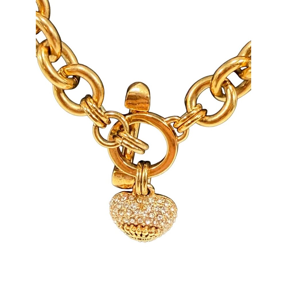 Juicy Couture Puffy Heart Pave Rhinestone Bone Toggle Gold Statement Necklace - Picture 2 of 4